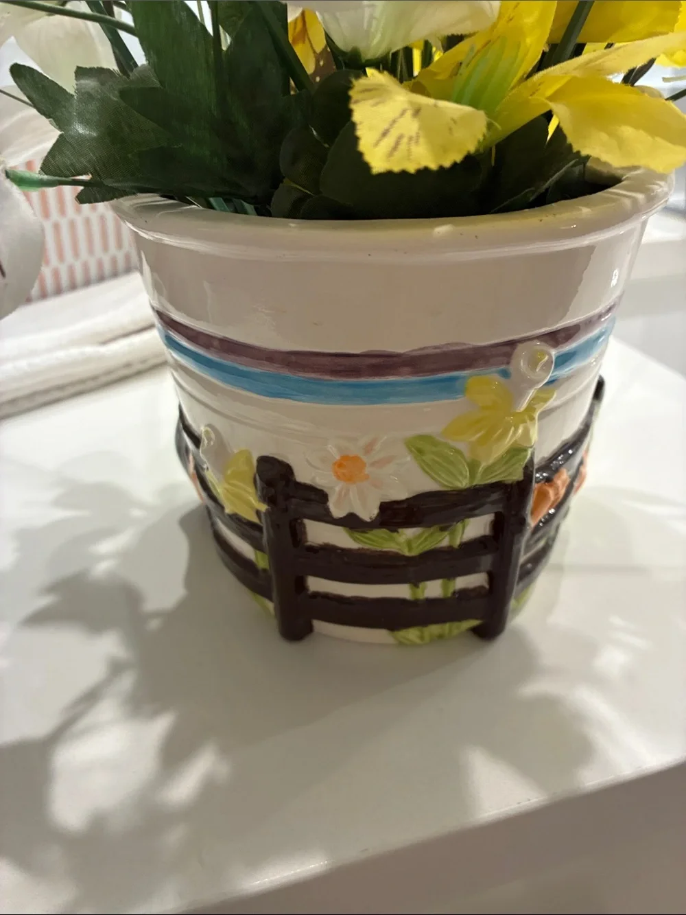 Hand-Crafted Floral Ceramic Vase with Yellow Silk Flowers